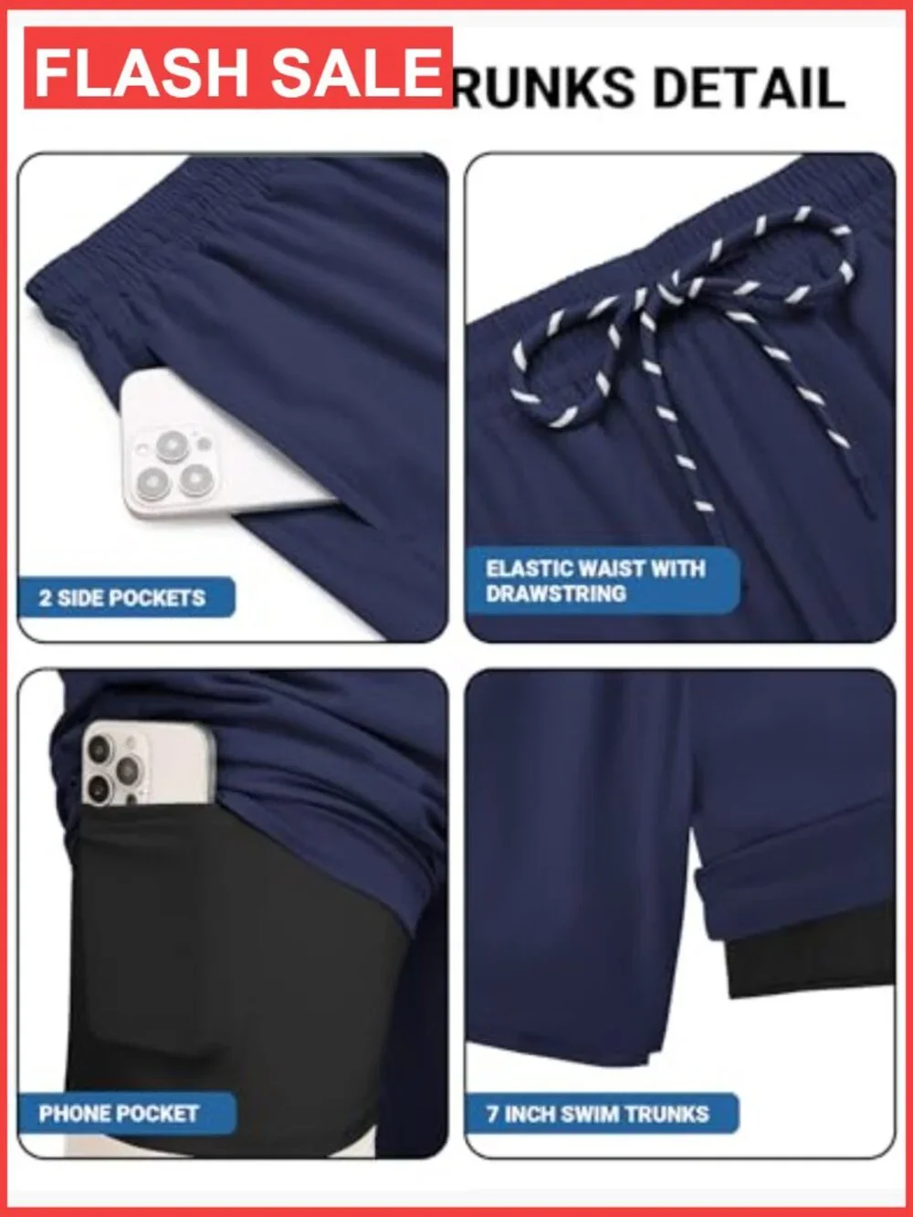 2 in 1 Mens Swim Trunks 7 Inch Quick Dry Board Shorts with Compression Liner